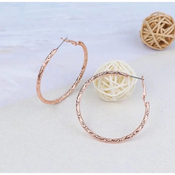 1 LEFT! Rose Gold Engraved Hoop Earrings - Picture 3 of 3